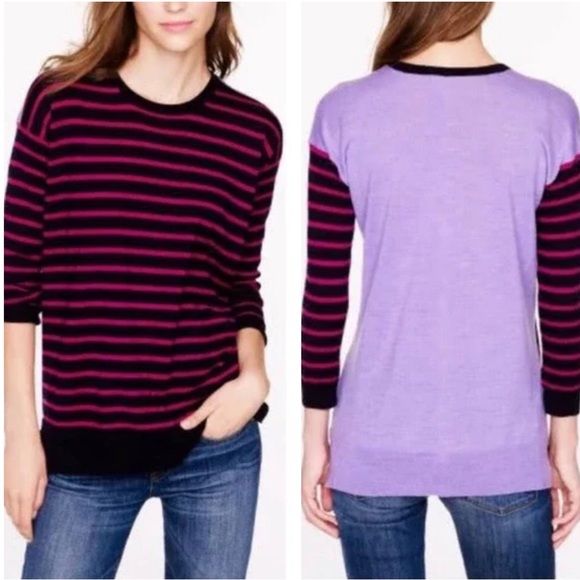 J. Crew Crew Neck 100% Merino Wool Pullover 3/4 Sleeve Striped Sweater XXS/XS/S - Picture 1 of 9